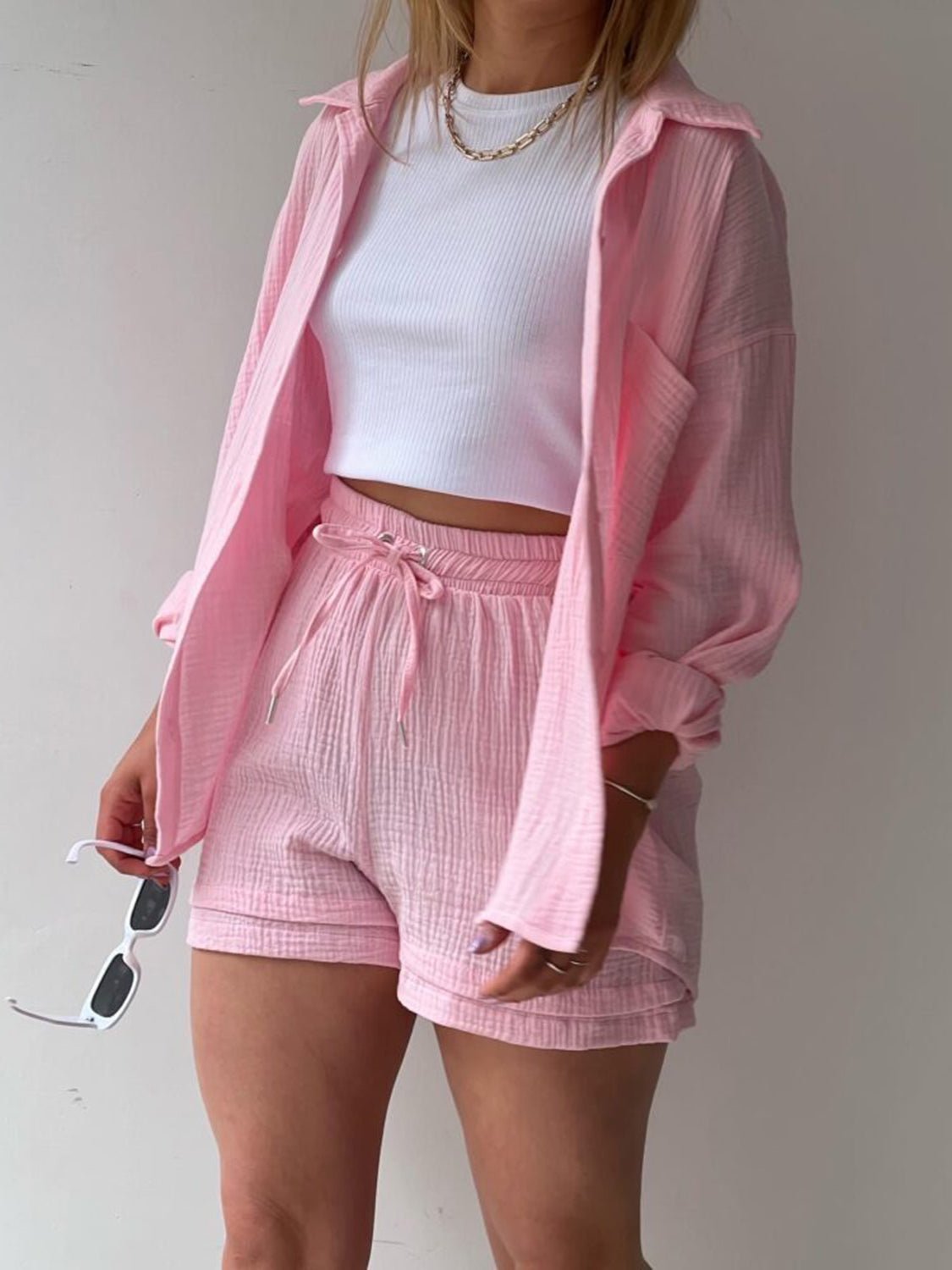 Texture Button Up Shirt and Drawstring Shorts Set - Flip Flop Dynasty