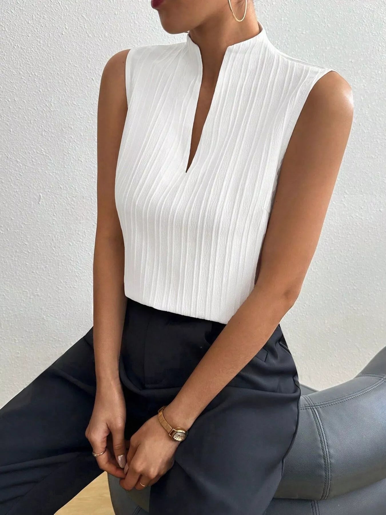 Texture Notched Sleeveless Top - Flip Flop Dynasty