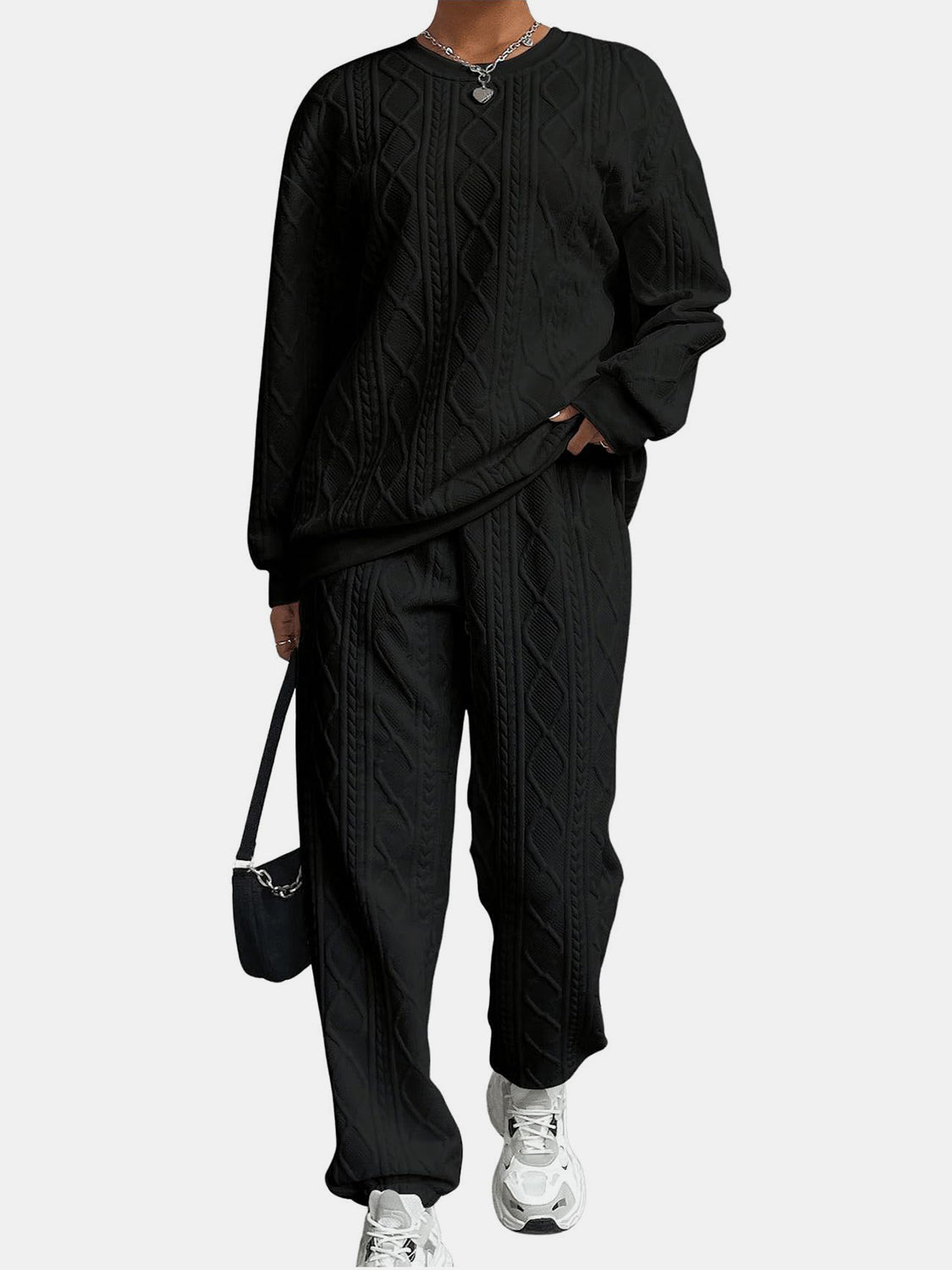 Texture Round Neck Top and Pants Set - Flip Flop Dynasty