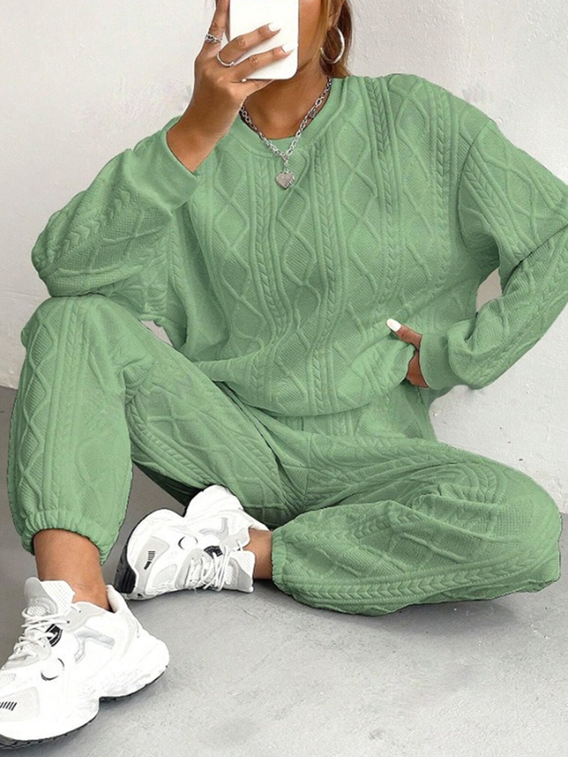 Texture Round Neck Top and Pants Set - Flip Flop Dynasty