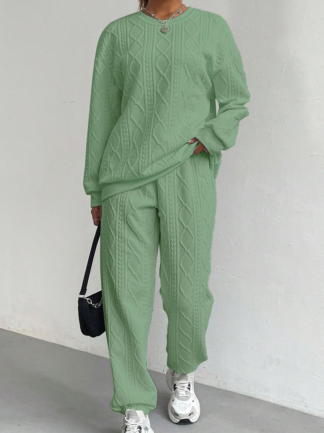 Texture Round Neck Top and Pants Set - Flip Flop Dynasty