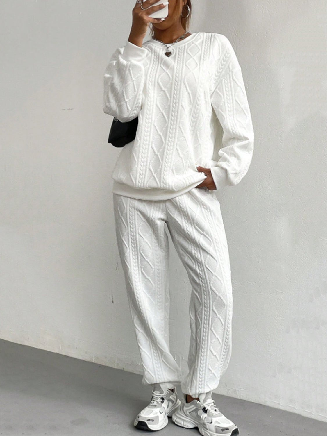 Texture Round Neck Top and Pants Set - Flip Flop Dynasty