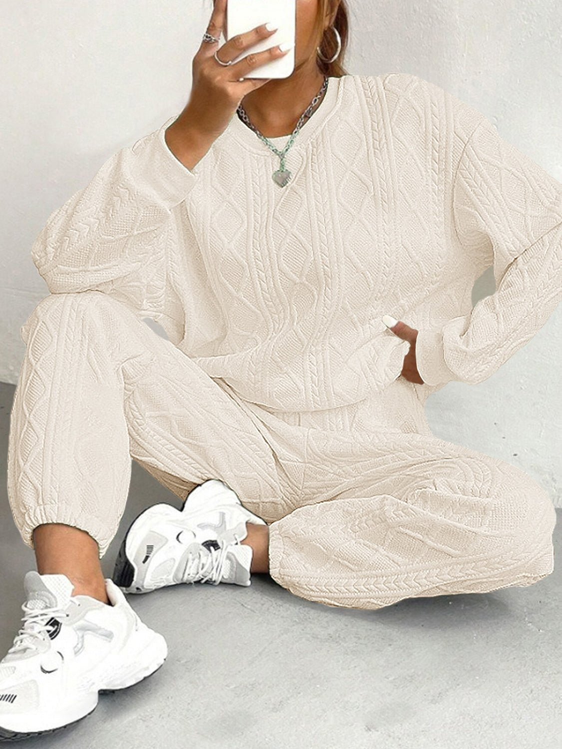 Texture Round Neck Top and Pants Set - Flip Flop Dynasty
