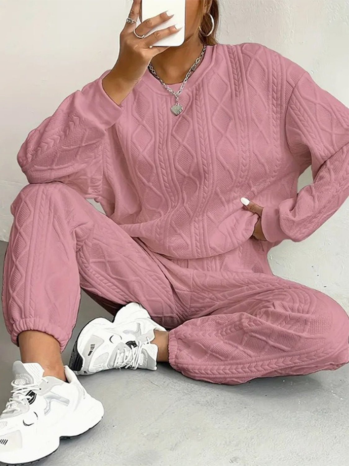 Texture Round Neck Top and Pants Set - Flip Flop Dynasty