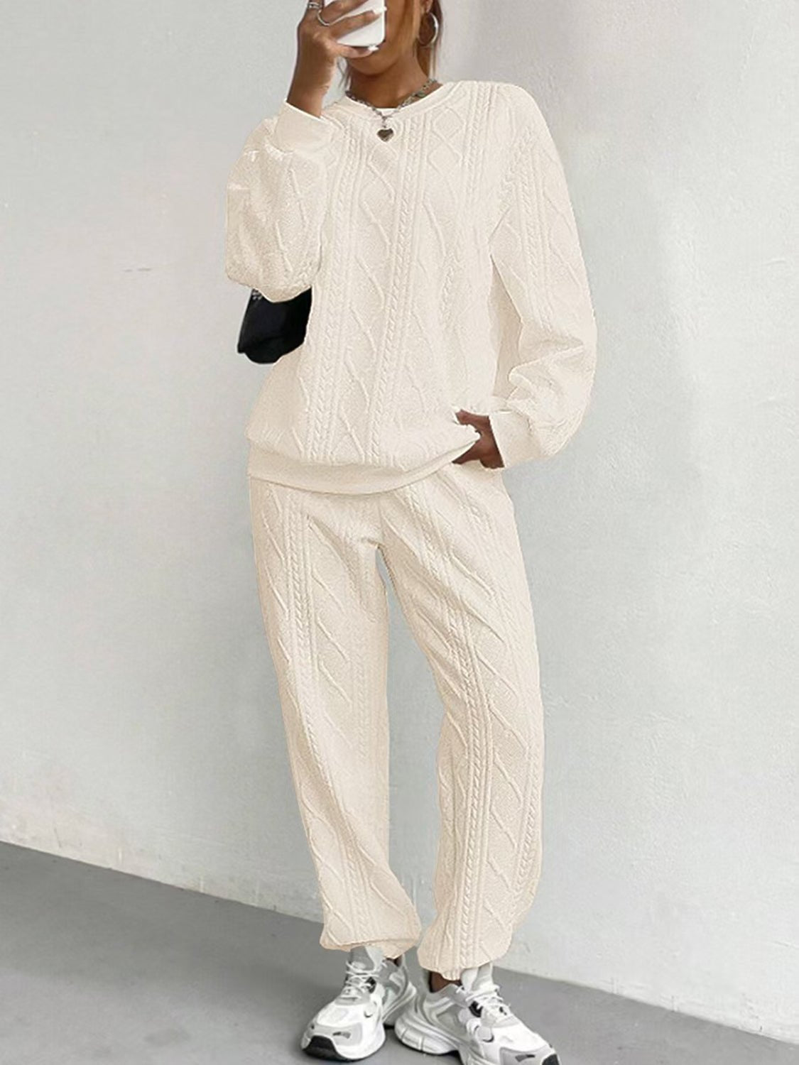 Texture Round Neck Top and Pants Set - Flip Flop Dynasty