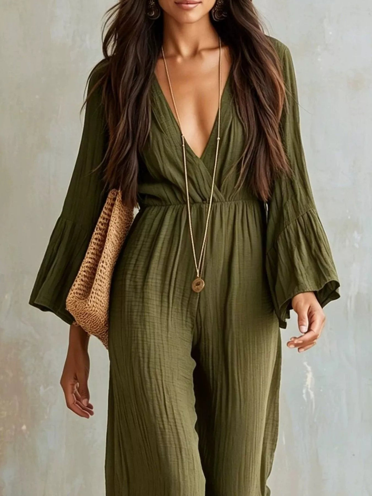 Textured Flare Sleeve Jumpsuit - Flip Flop Dynasty