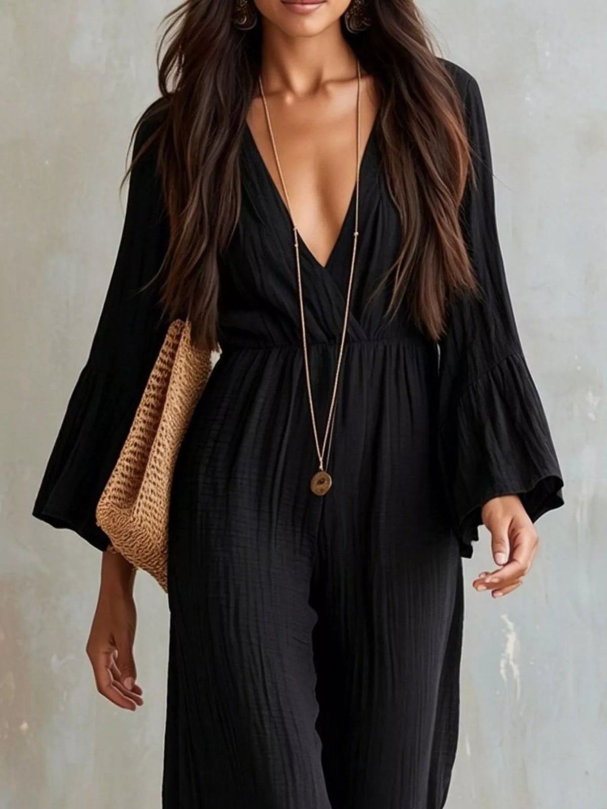 Textured Flare Sleeve Jumpsuit - Flip Flop Dynasty