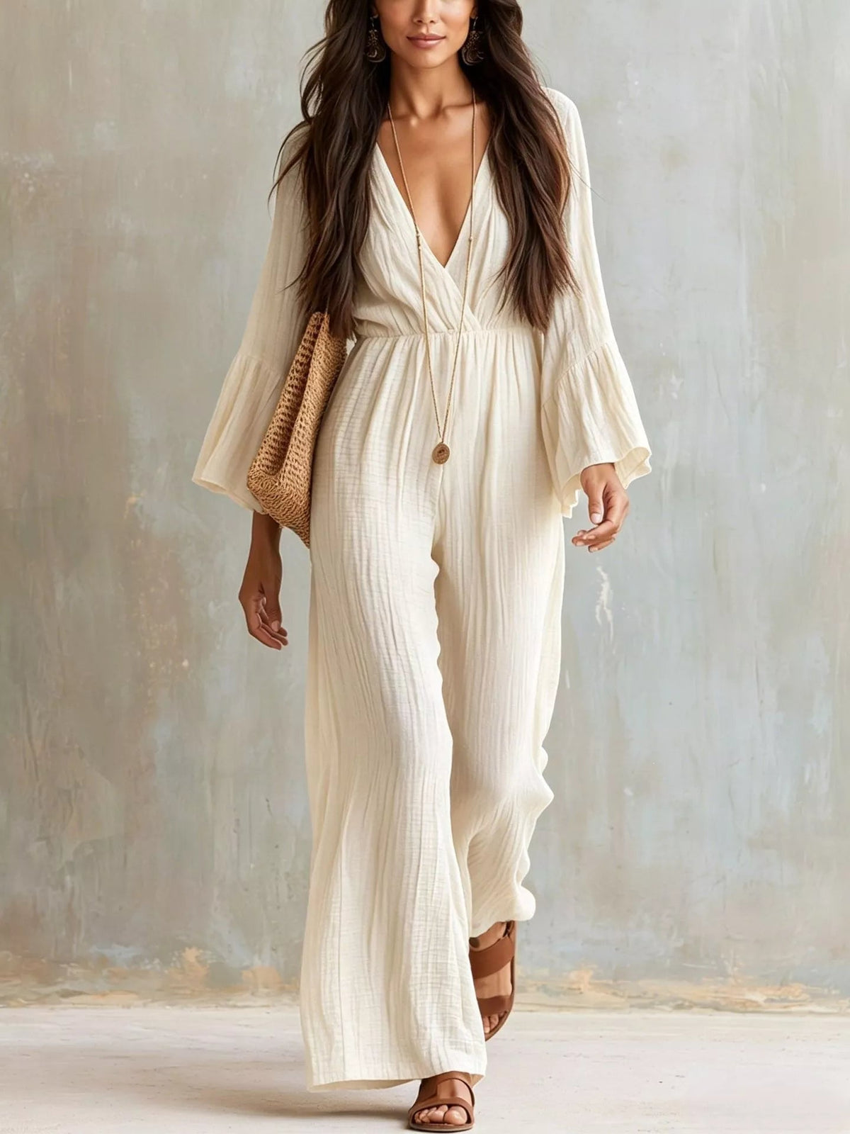 Textured Flare Sleeve Jumpsuit - Flip Flop Dynasty
