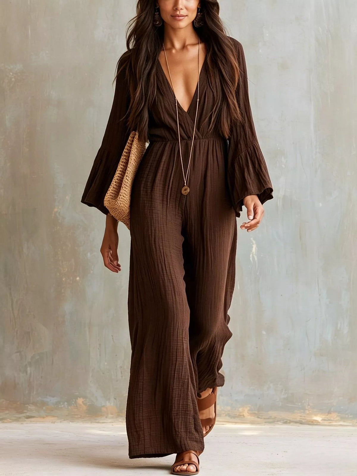 Textured Flare Sleeve Jumpsuit - Flip Flop Dynasty