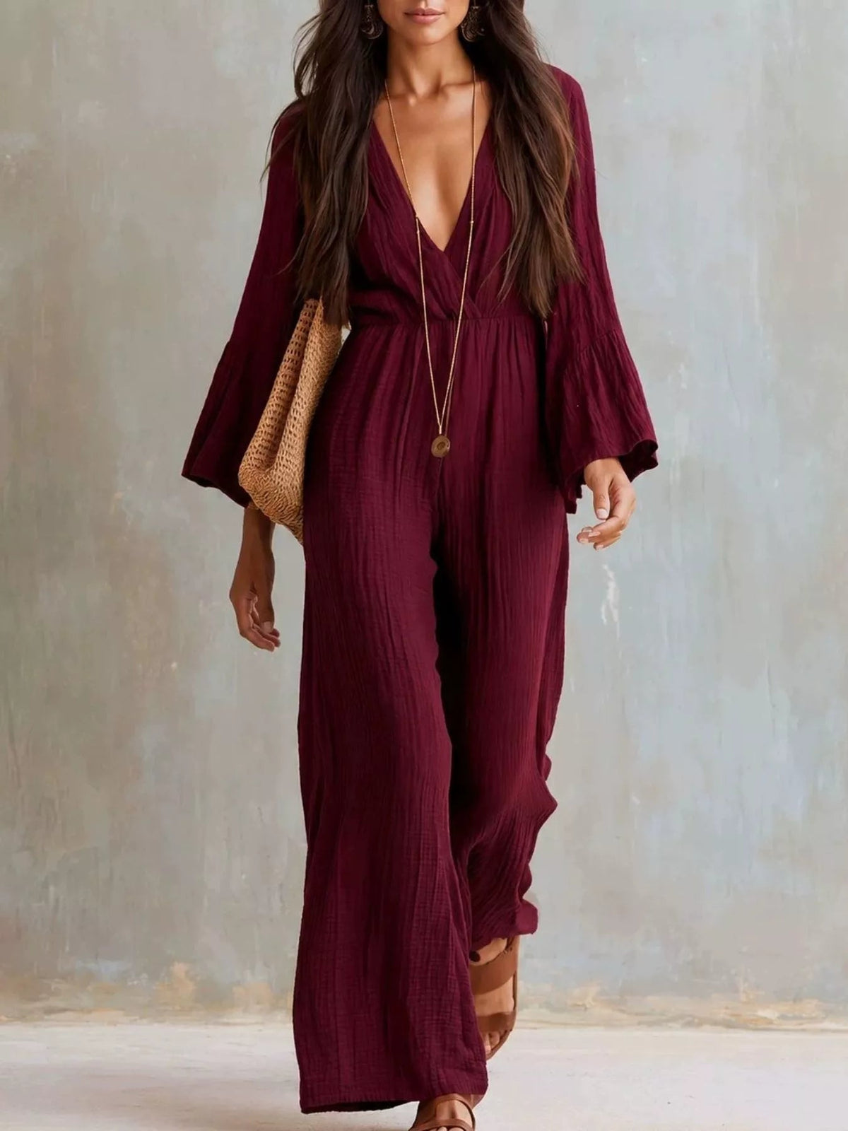 Textured Flare Sleeve Jumpsuit - Flip Flop Dynasty