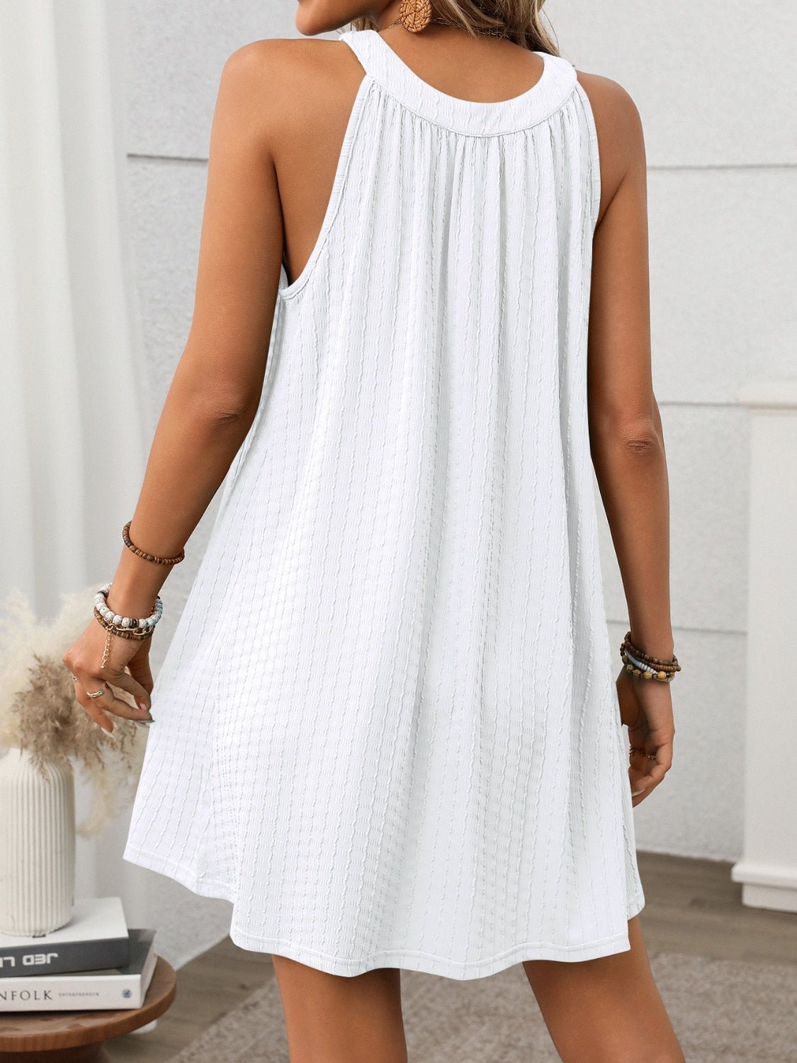 Textured Grecian Neck Mini Dress - Flip Flop Dynasty