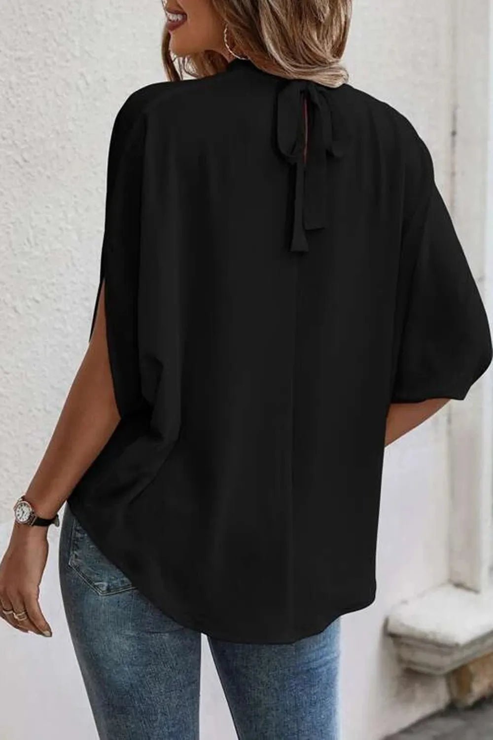 Tie Back Slit Half Sleeve Blouse - Flip Flop Dynasty