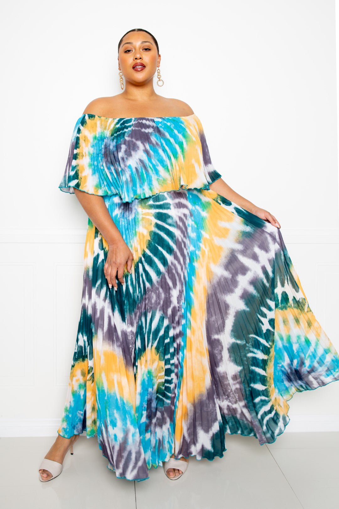 Tie Dye Off Shoulder Pleated Maxi Dress - Flip Flop Dynasty