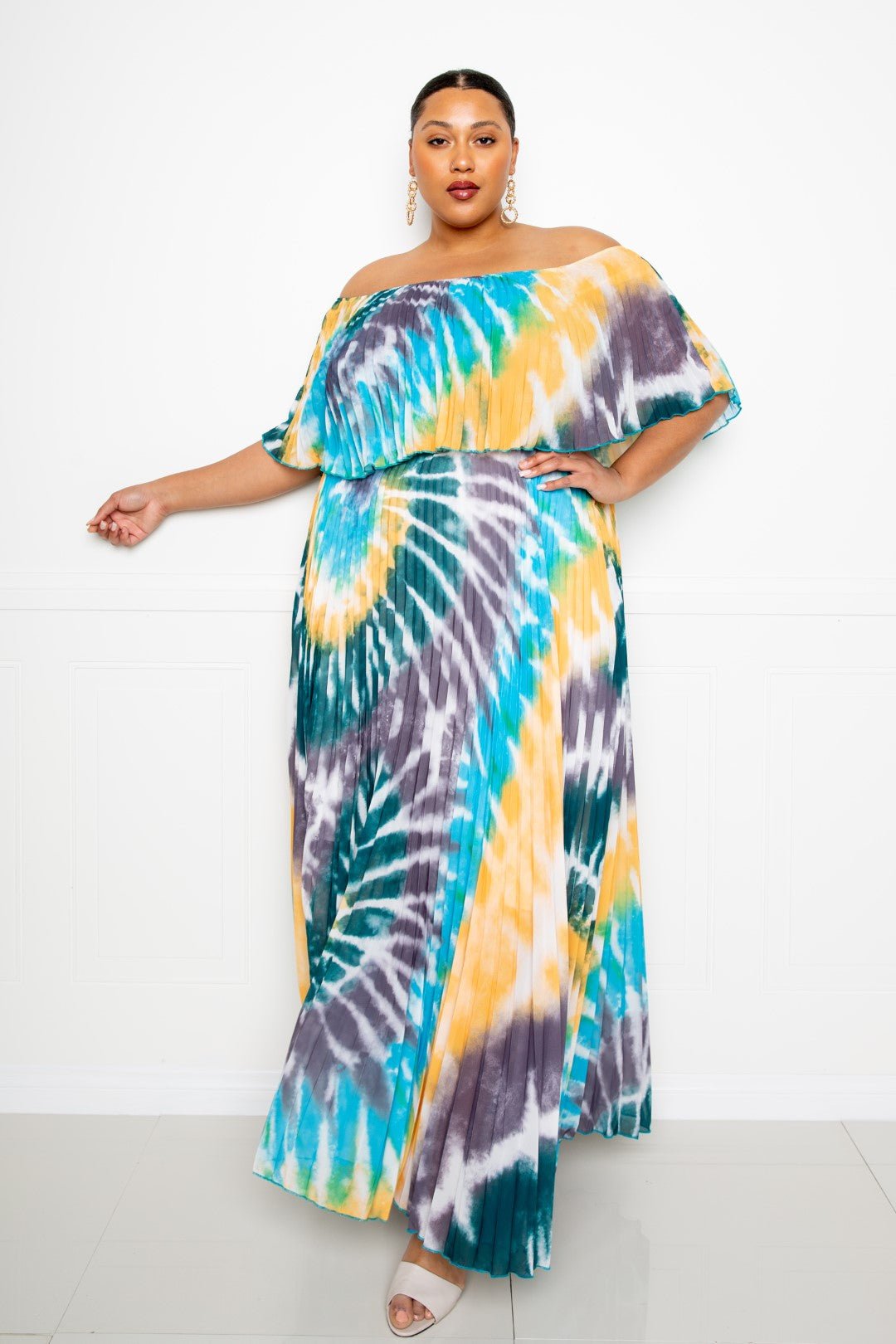 Tie Dye Off Shoulder Pleated Maxi Dress - Flip Flop Dynasty