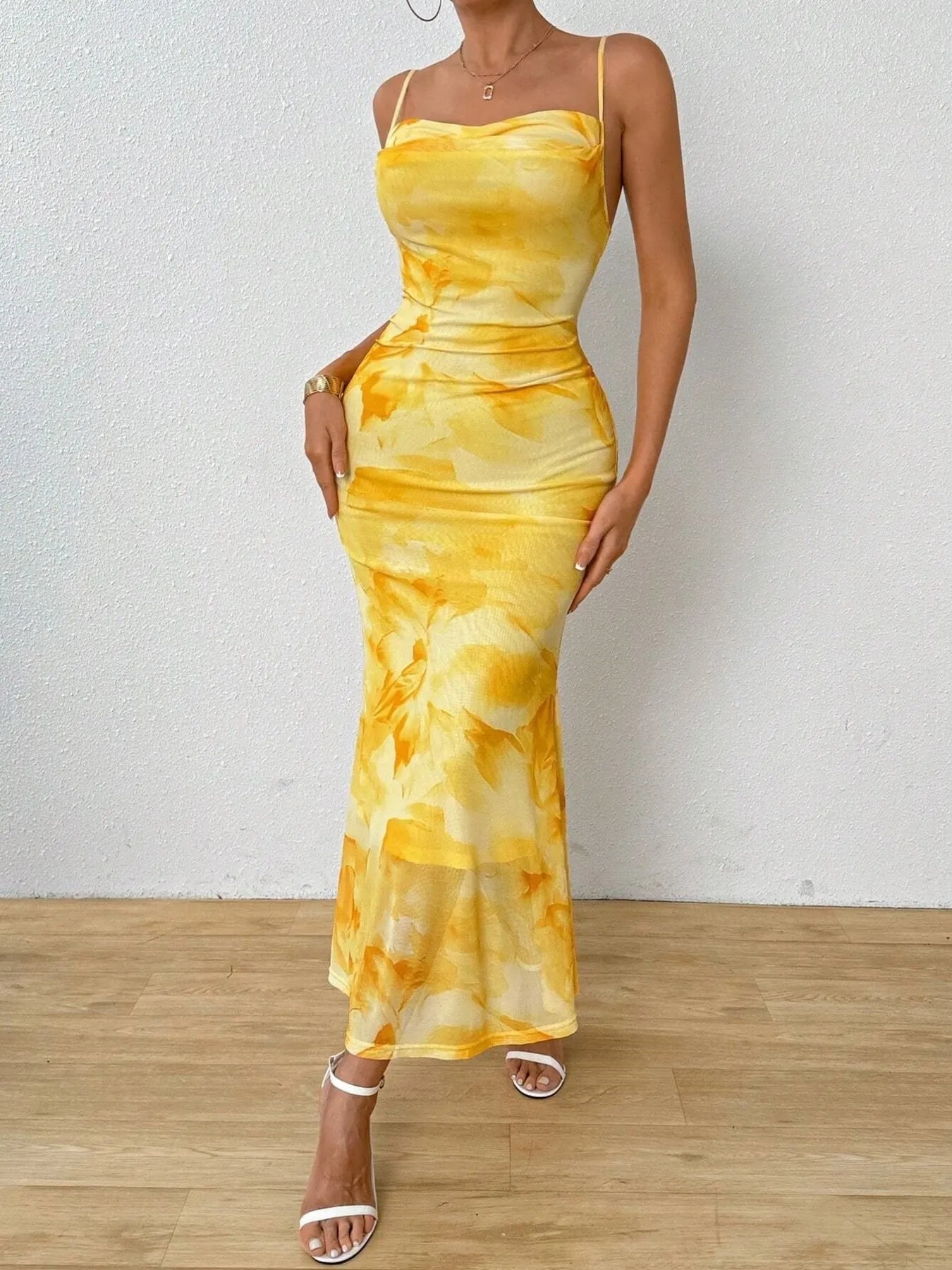 Tie - Dye Ruched Bodycon Mesh Cami Maxi Dress - Flip Flop Dynasty