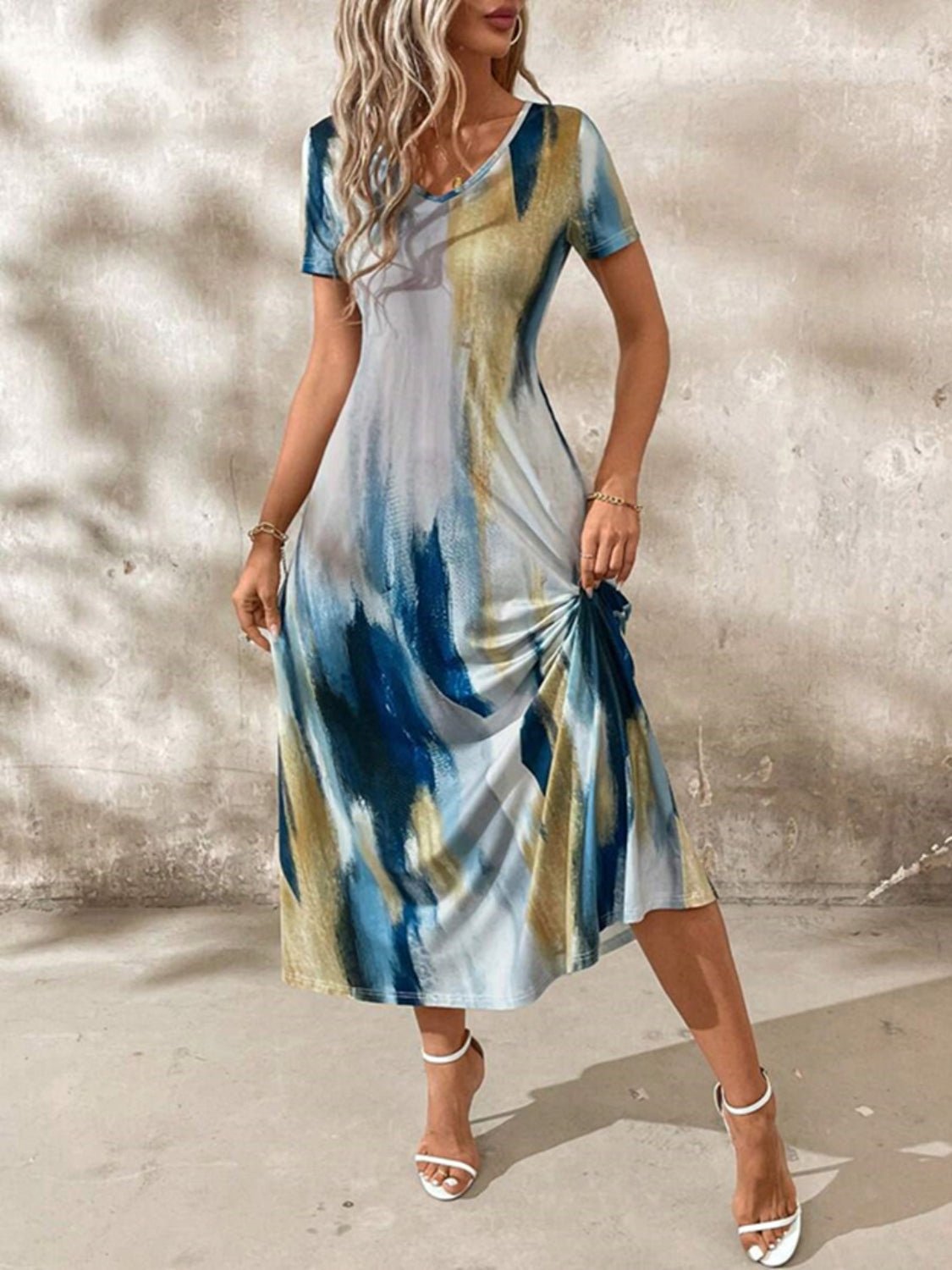 Tie - Dye V - Neck Short Sleeve Midi Tee Dress - Flip Flop Dynasty