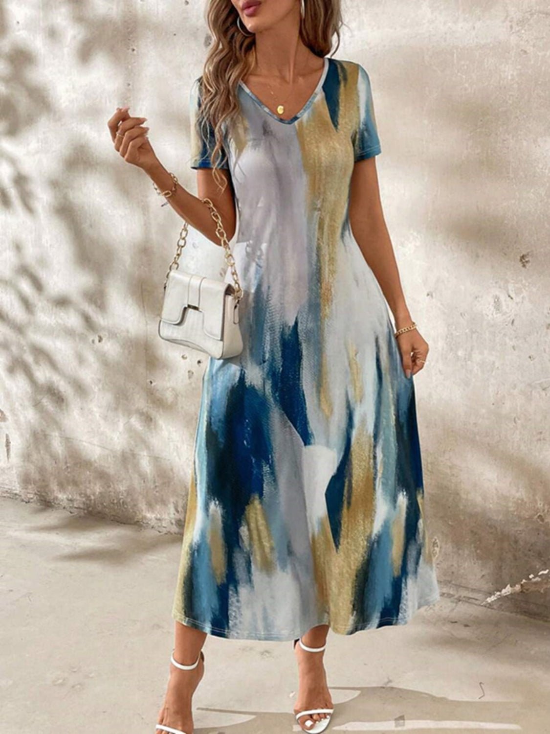 Tie - Dye V - Neck Short Sleeve Midi Tee Dress - Flip Flop Dynasty