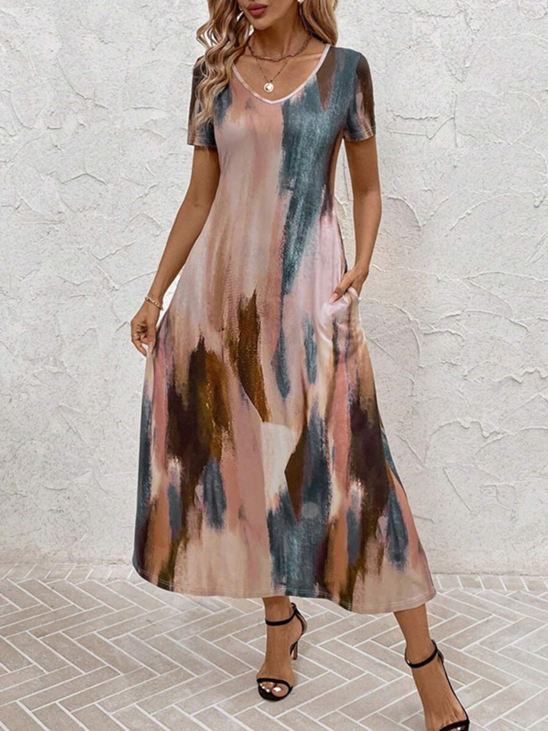 Tie - Dye V - Neck Short Sleeve Midi Tee Dress - Flip Flop Dynasty