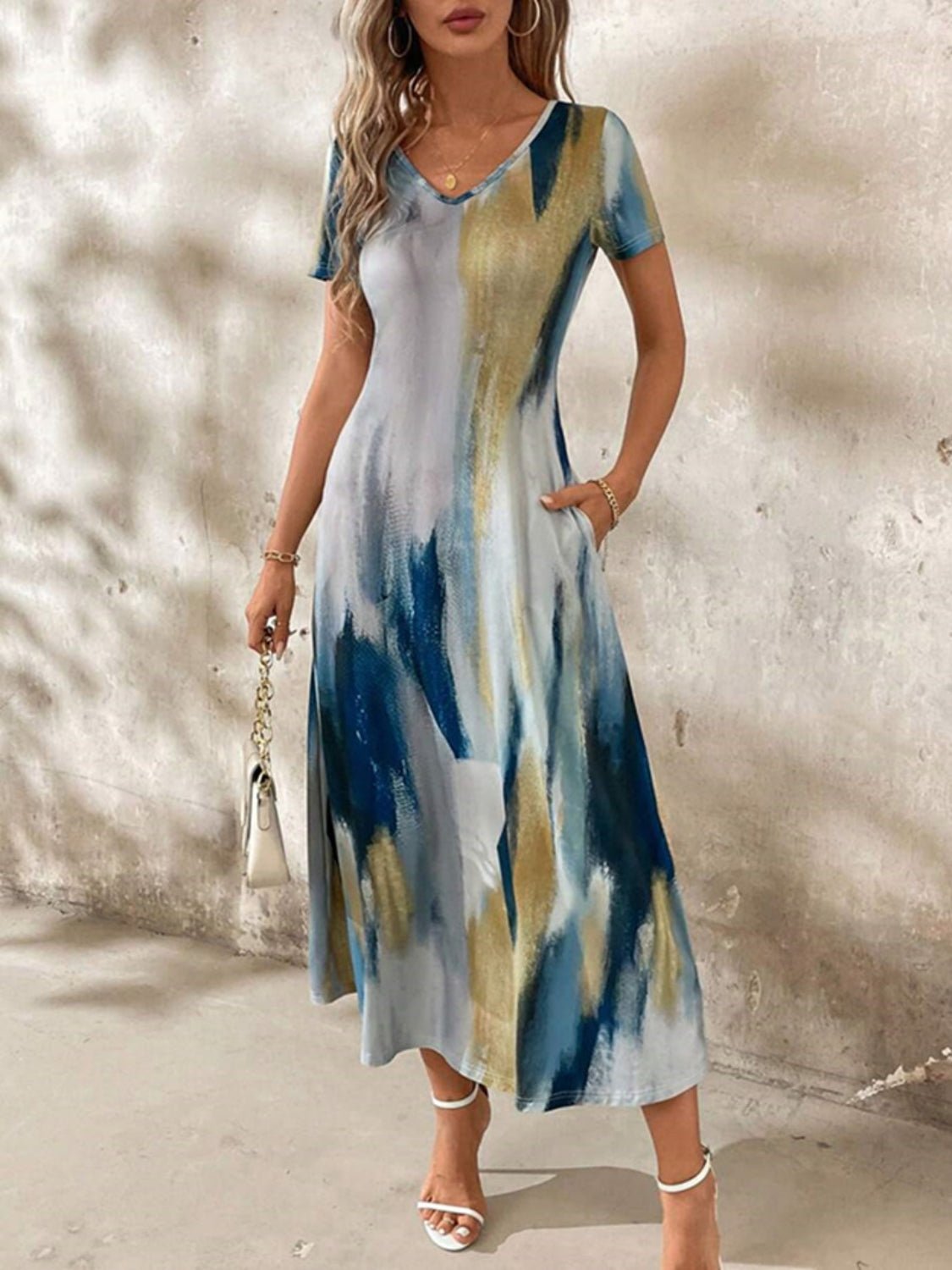 Tie - Dye V - Neck Short Sleeve Midi Tee Dress - Flip Flop Dynasty
