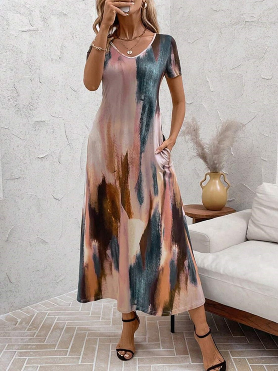Tie - Dye V - Neck Short Sleeve Midi Tee Dress - Flip Flop Dynasty