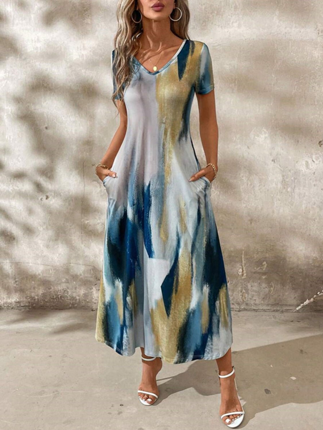 Tie - Dye V - Neck Short Sleeve Midi Tee Dress - Flip Flop Dynasty