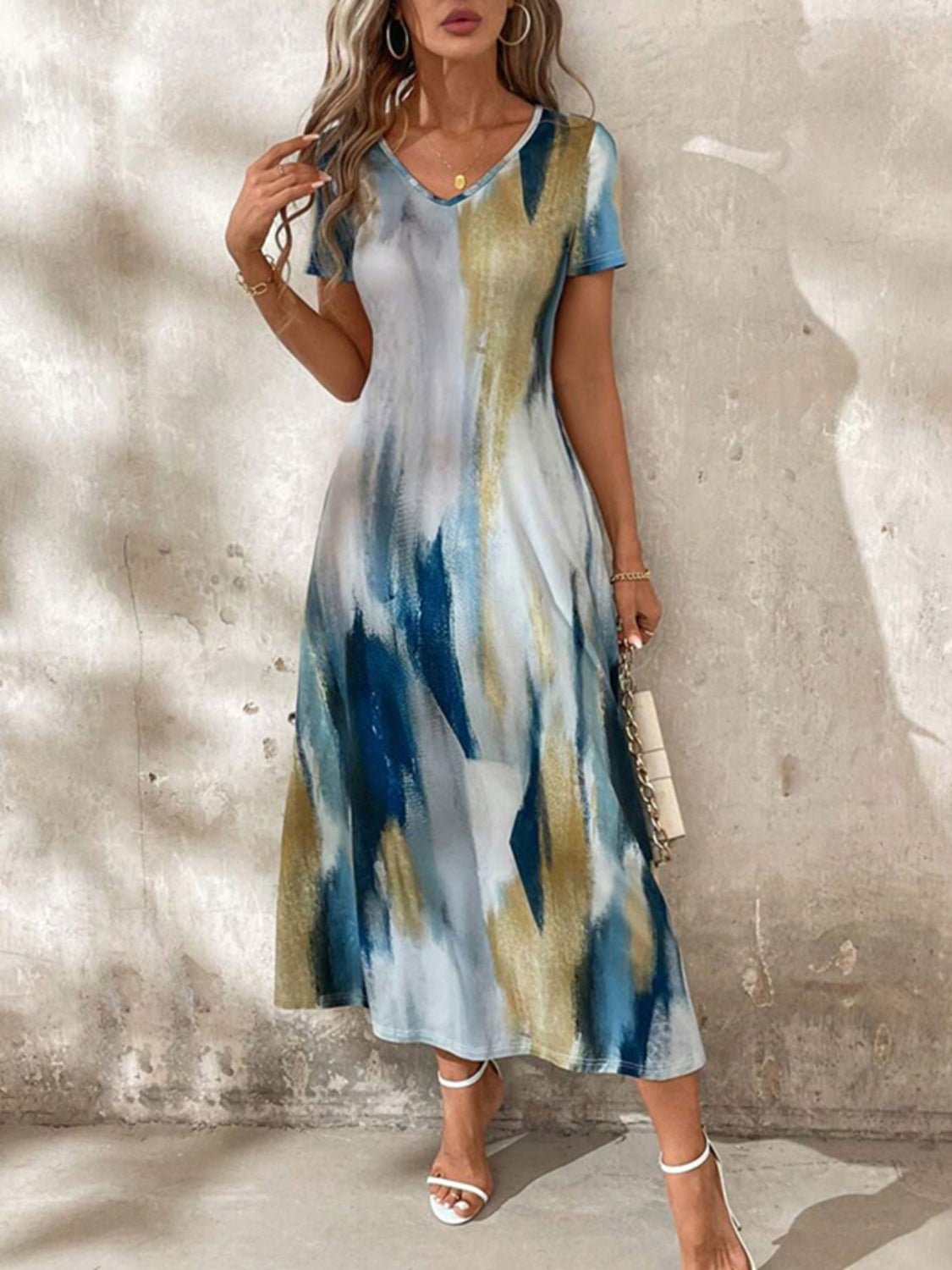 Tie - Dye V - Neck Short Sleeve Midi Tee Dress - Flip Flop Dynasty