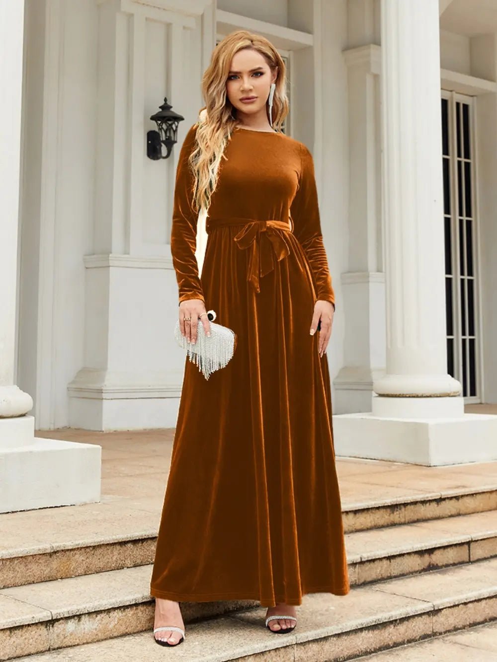 Tie Front Round Neck Long Sleeve Maxi Dress - Flip Flop Dynasty