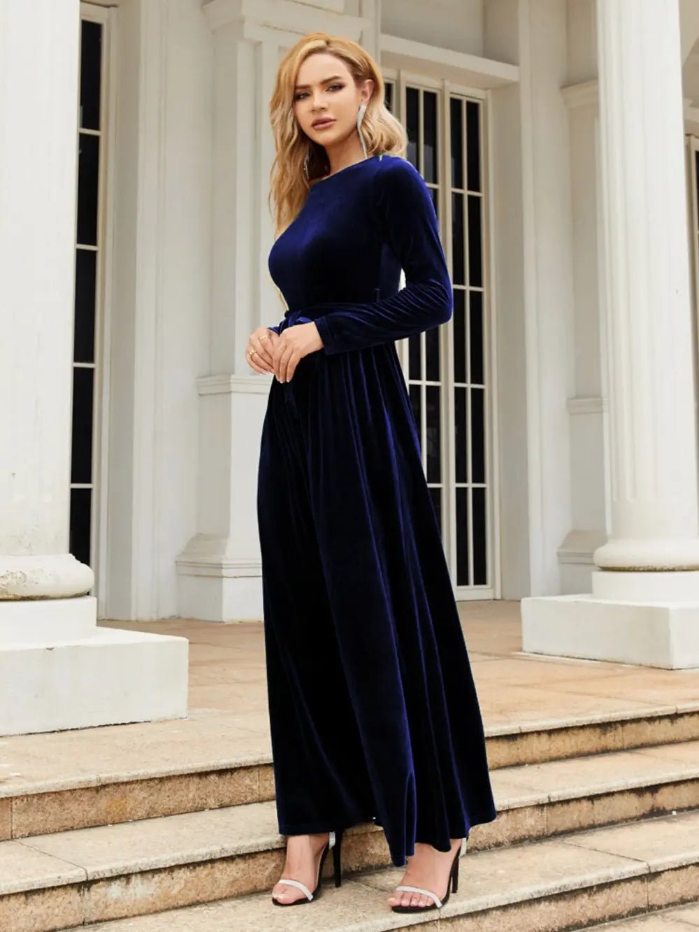 Tie Front Round Neck Long Sleeve Maxi Dress - Flip Flop Dynasty