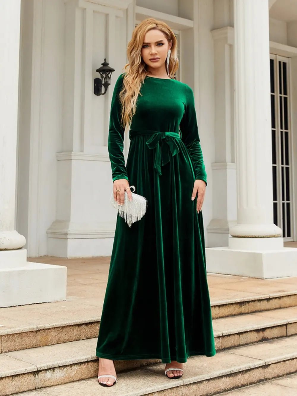 Tie Front Round Neck Long Sleeve Maxi Dress - Flip Flop Dynasty