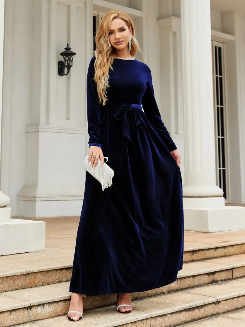 Tie Front Round Neck Long Sleeve Maxi Dress - Flip Flop Dynasty