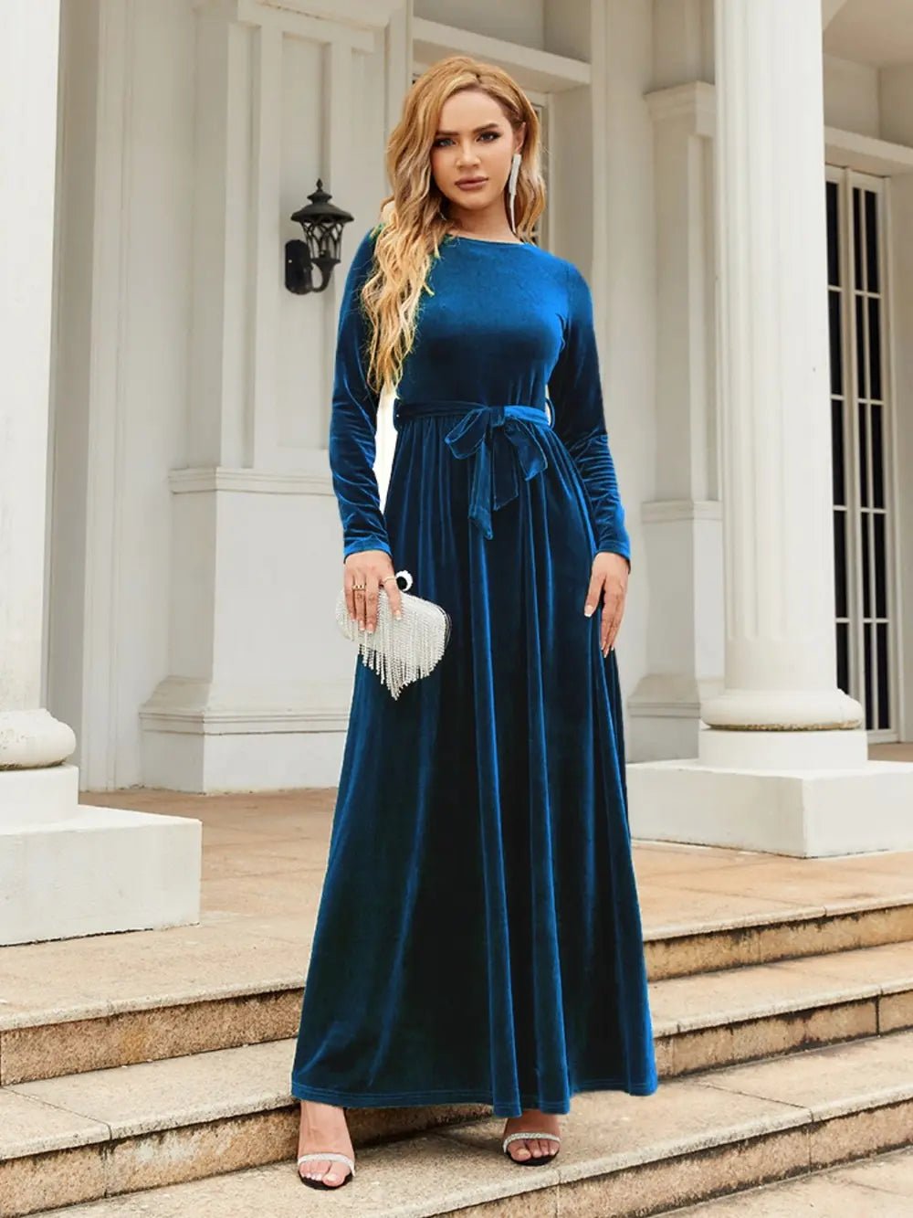 Tie Front Round Neck Long Sleeve Maxi Dress - Flip Flop Dynasty