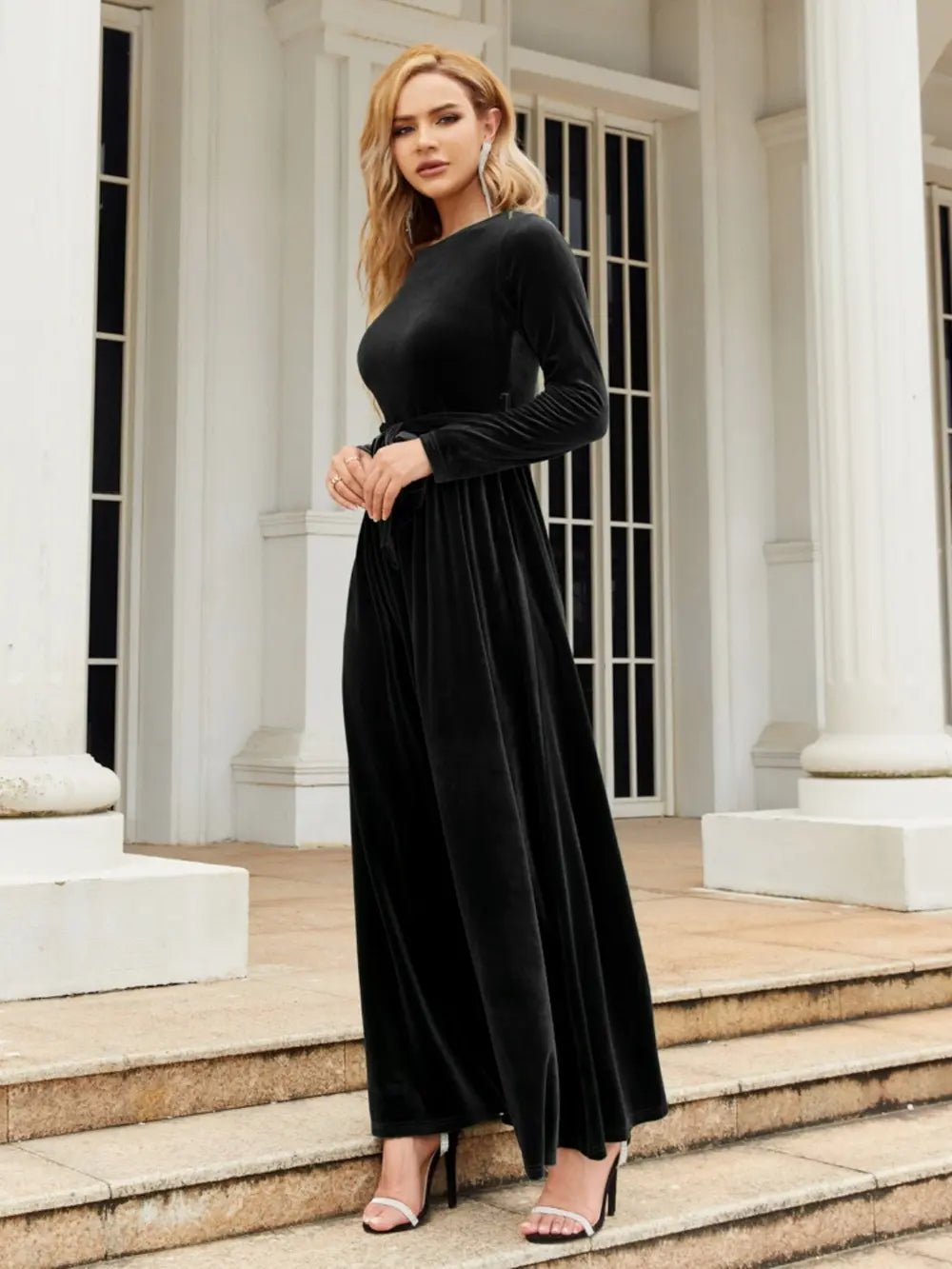 Tie Front Round Neck Long Sleeve Maxi Dress - Flip Flop Dynasty