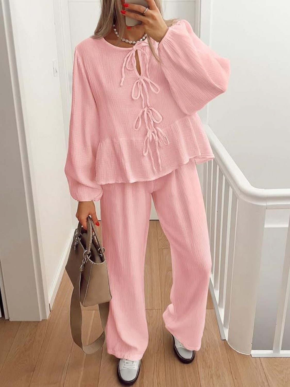 Tie Neck Balloon Sleeve Top and Pants Set - Flip Flop Dynasty