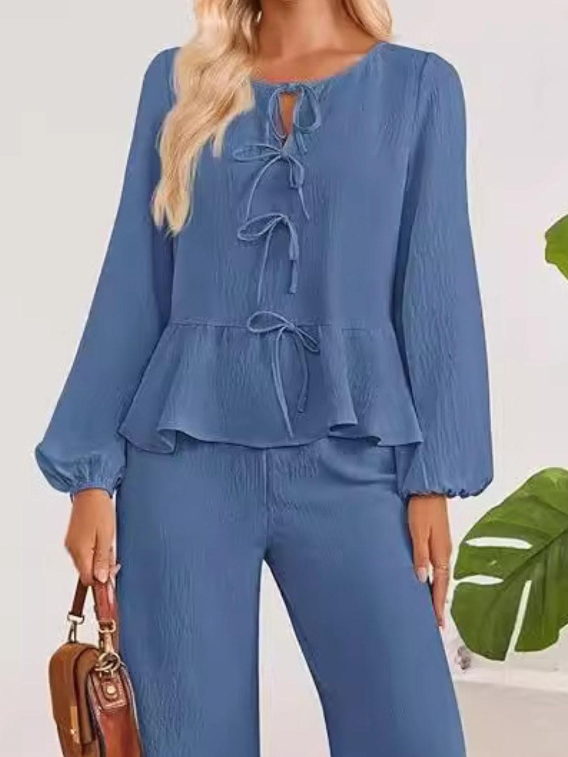 Tie Neck Balloon Sleeve Top and Pants Set - Flip Flop Dynasty
