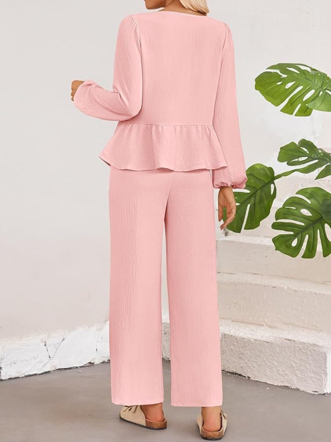 Tie Neck Balloon Sleeve Top and Pants Set - Flip Flop Dynasty