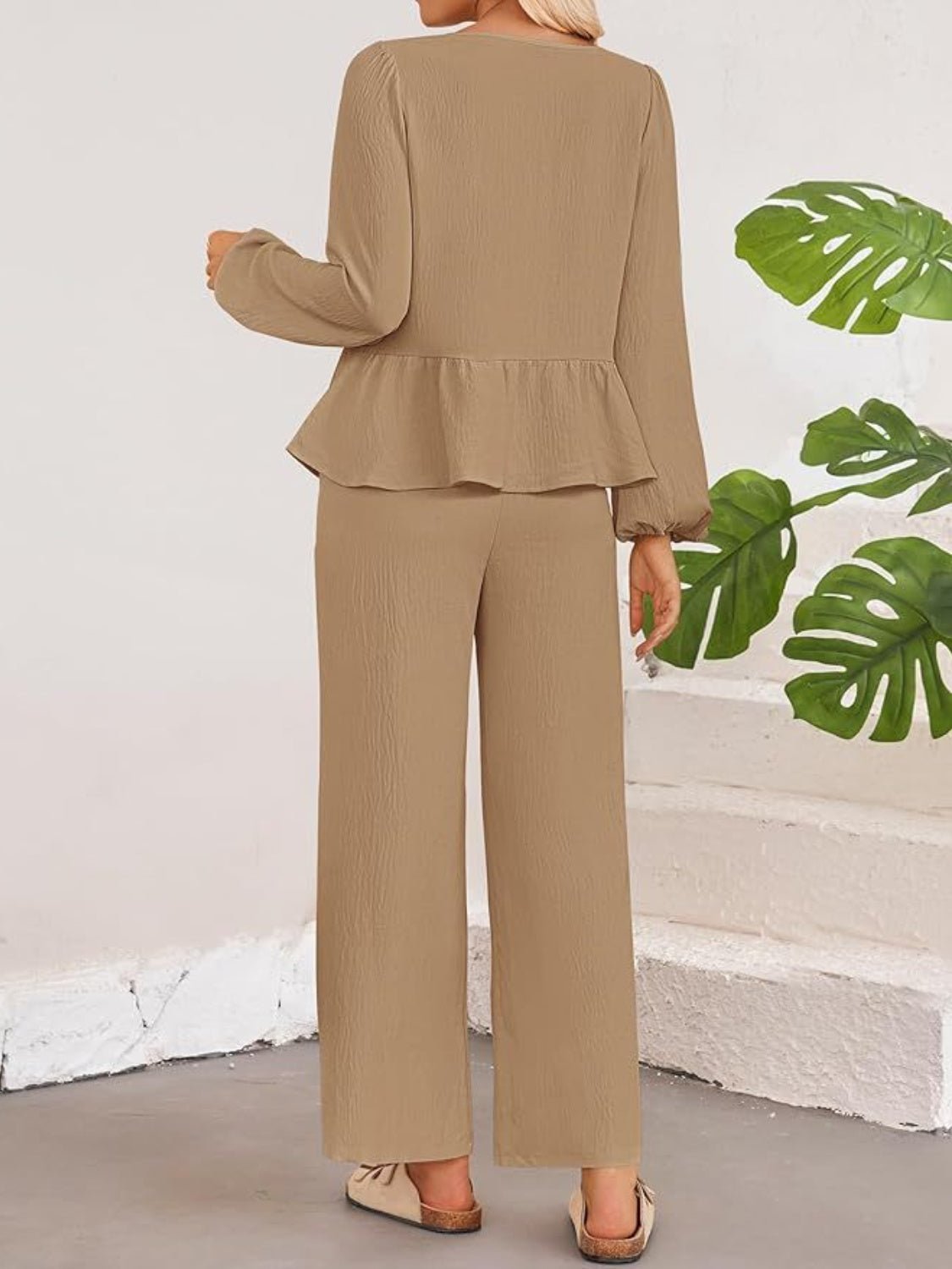 Tie Neck Balloon Sleeve Top and Pants Set - Flip Flop Dynasty