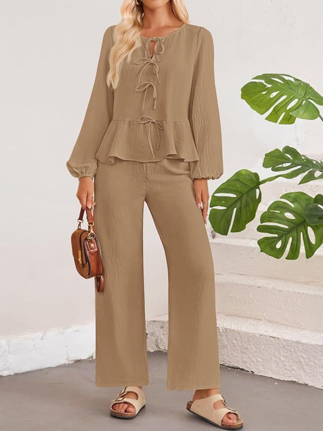 Tie Neck Balloon Sleeve Top and Pants Set - Flip Flop Dynasty