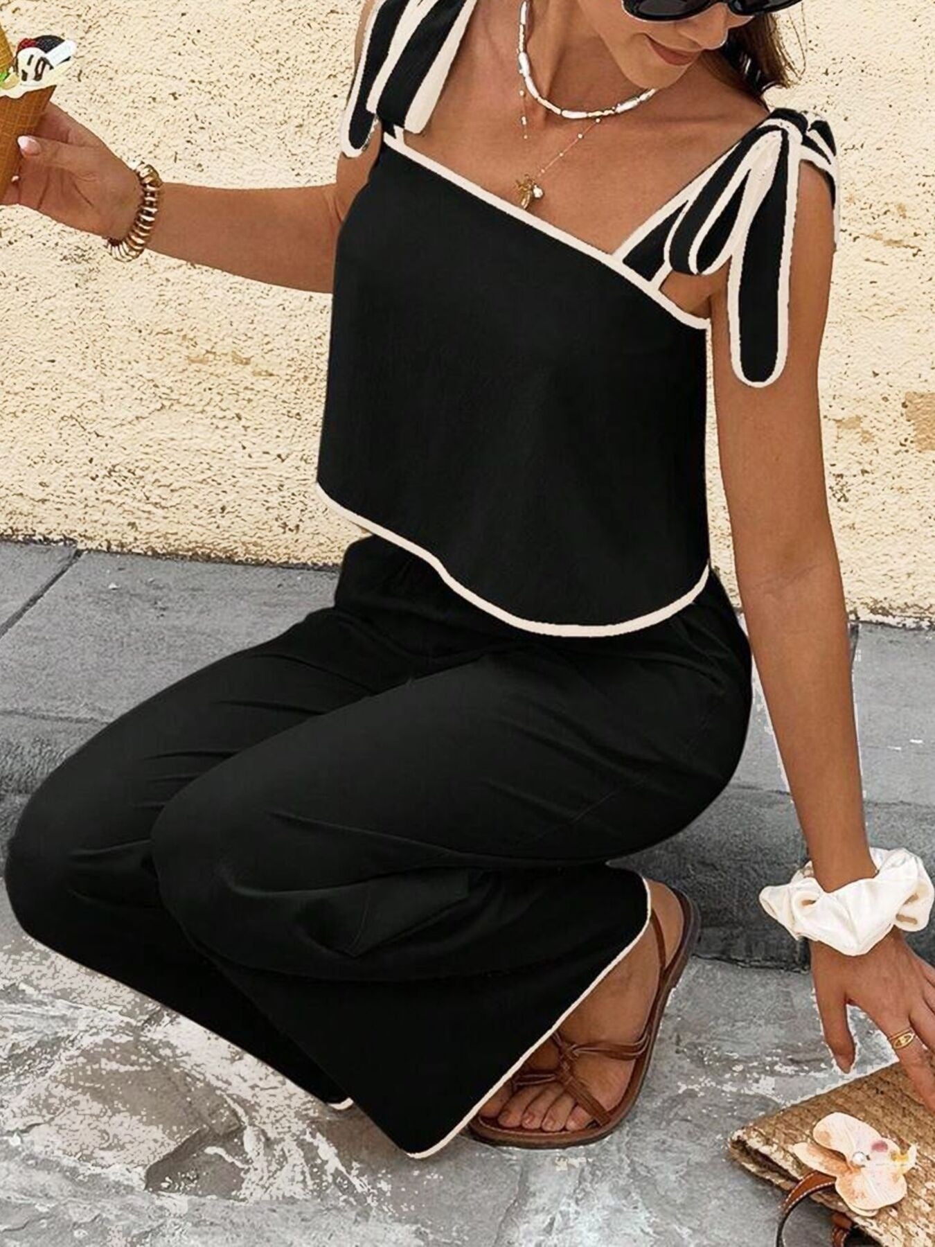 Tie Shoulder Cami and Wide Leg Pants Set - Flip Flop Dynasty