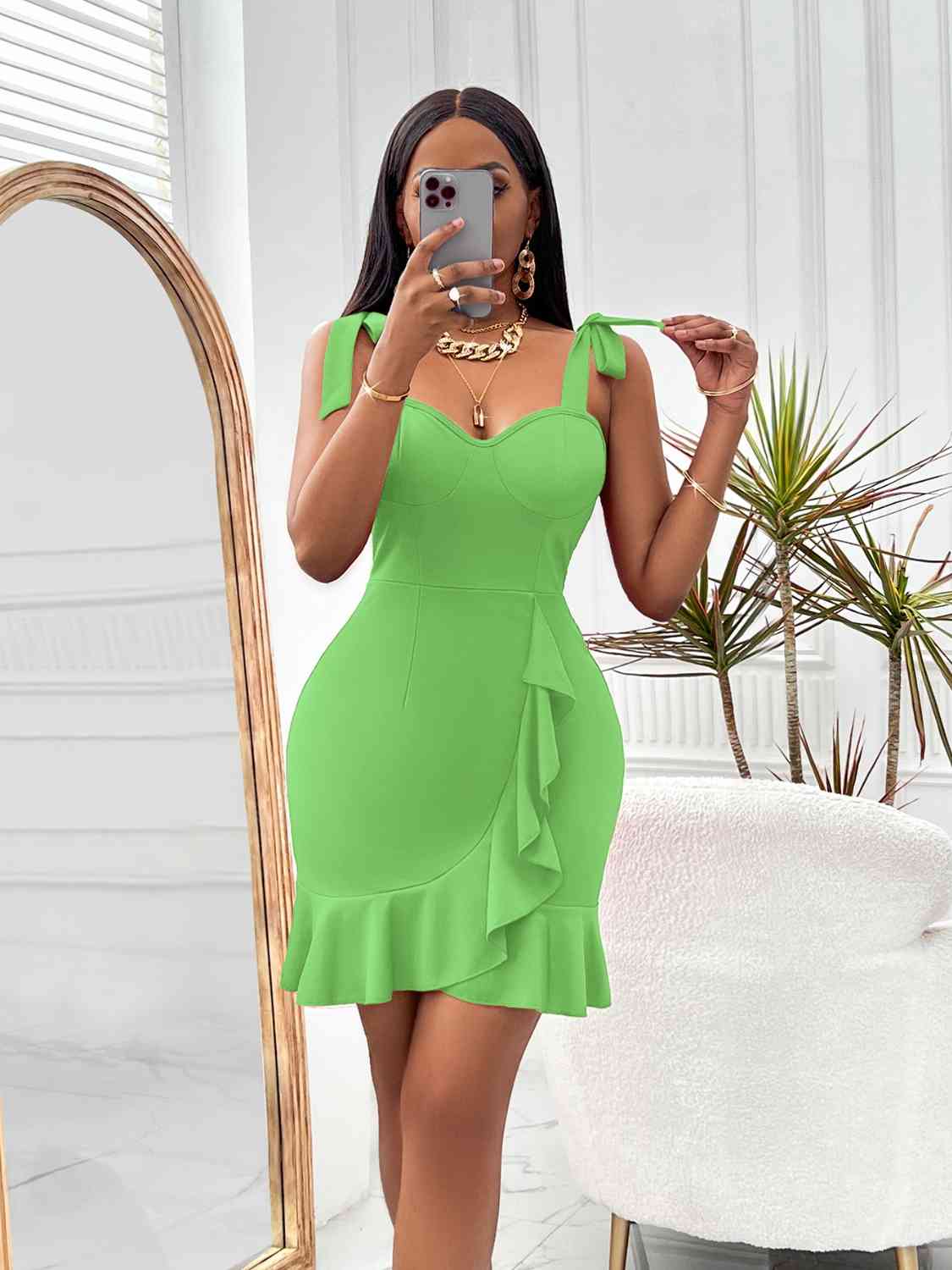 Tie - Shoulder Sweetheart Neck Ruffled Dress - Flip Flop Dynasty