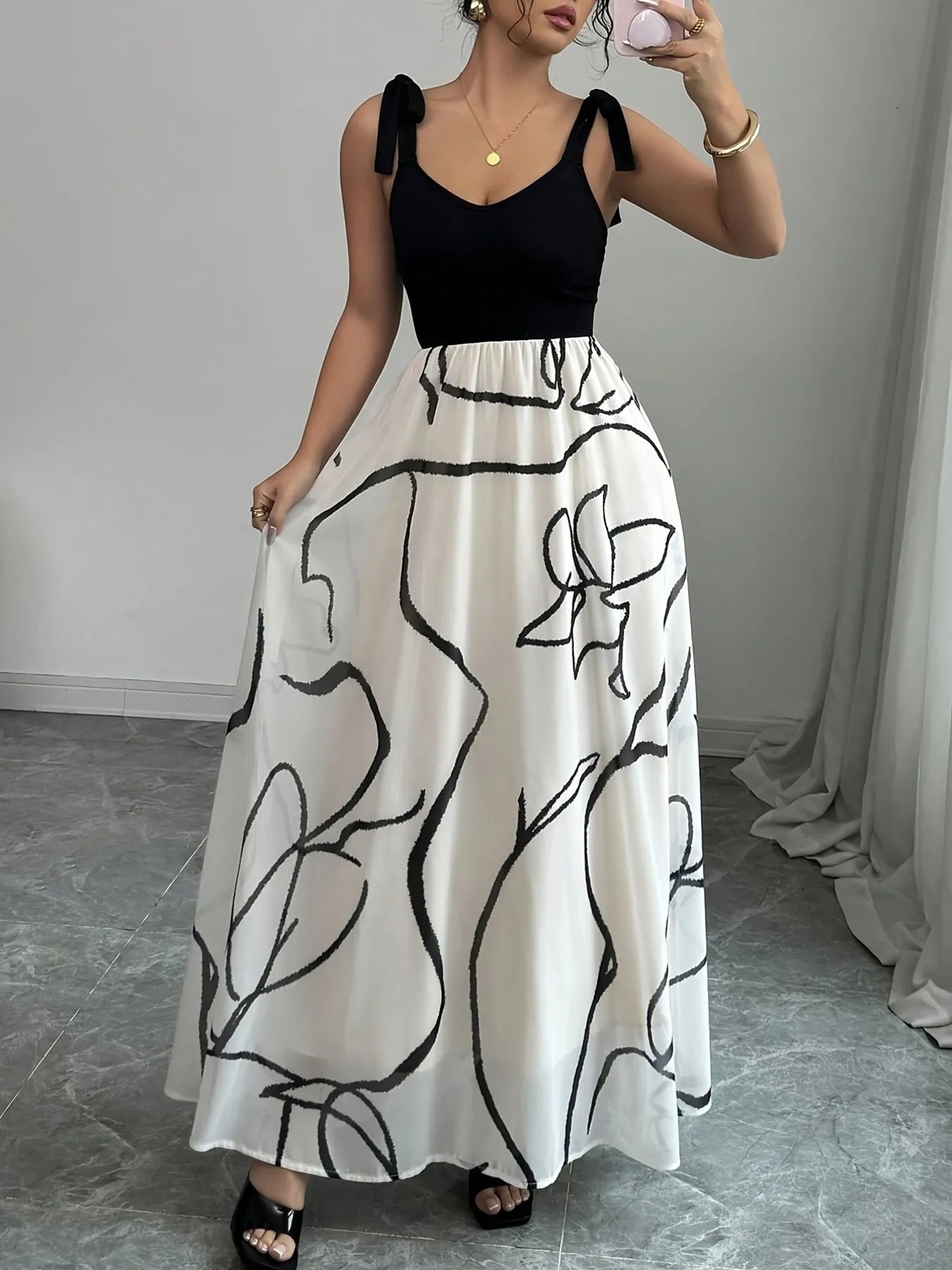 Tie Shoulder V - Neck Maxi Dress - Flip Flop Dynasty