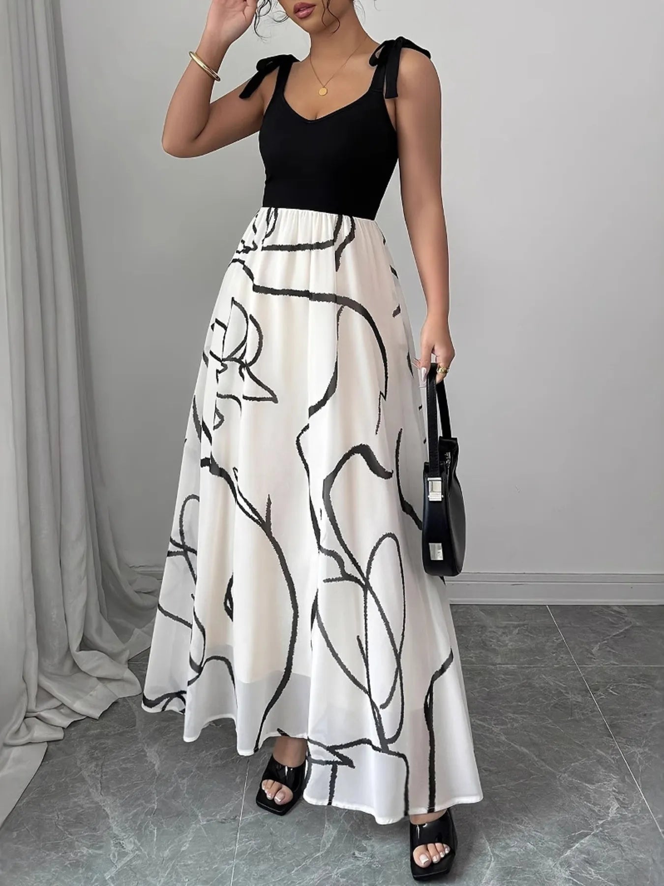 Tie Shoulder V - Neck Maxi Dress - Flip Flop Dynasty