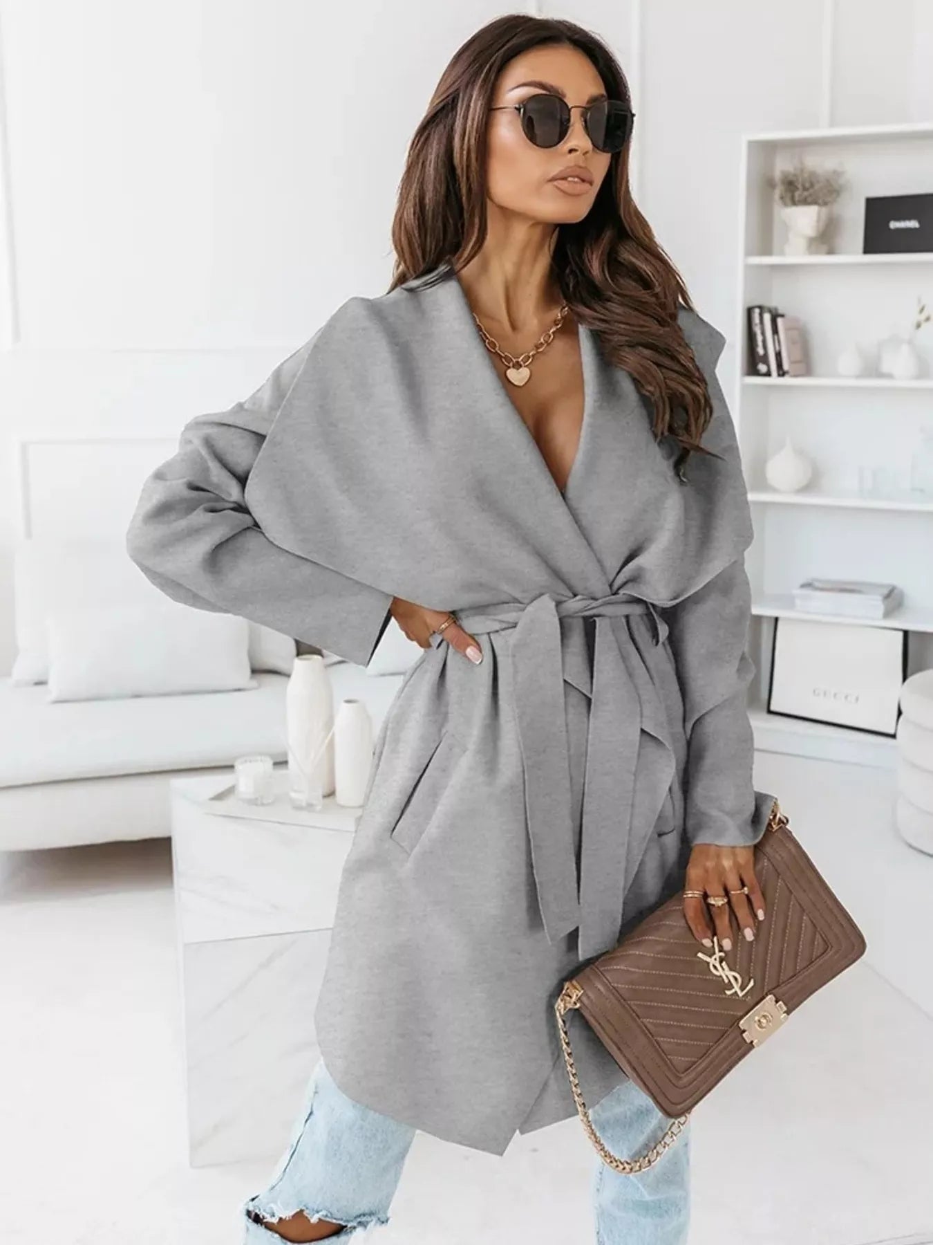 Tie Waist Long Sleeve Outerwear - Flip Flop Dynasty