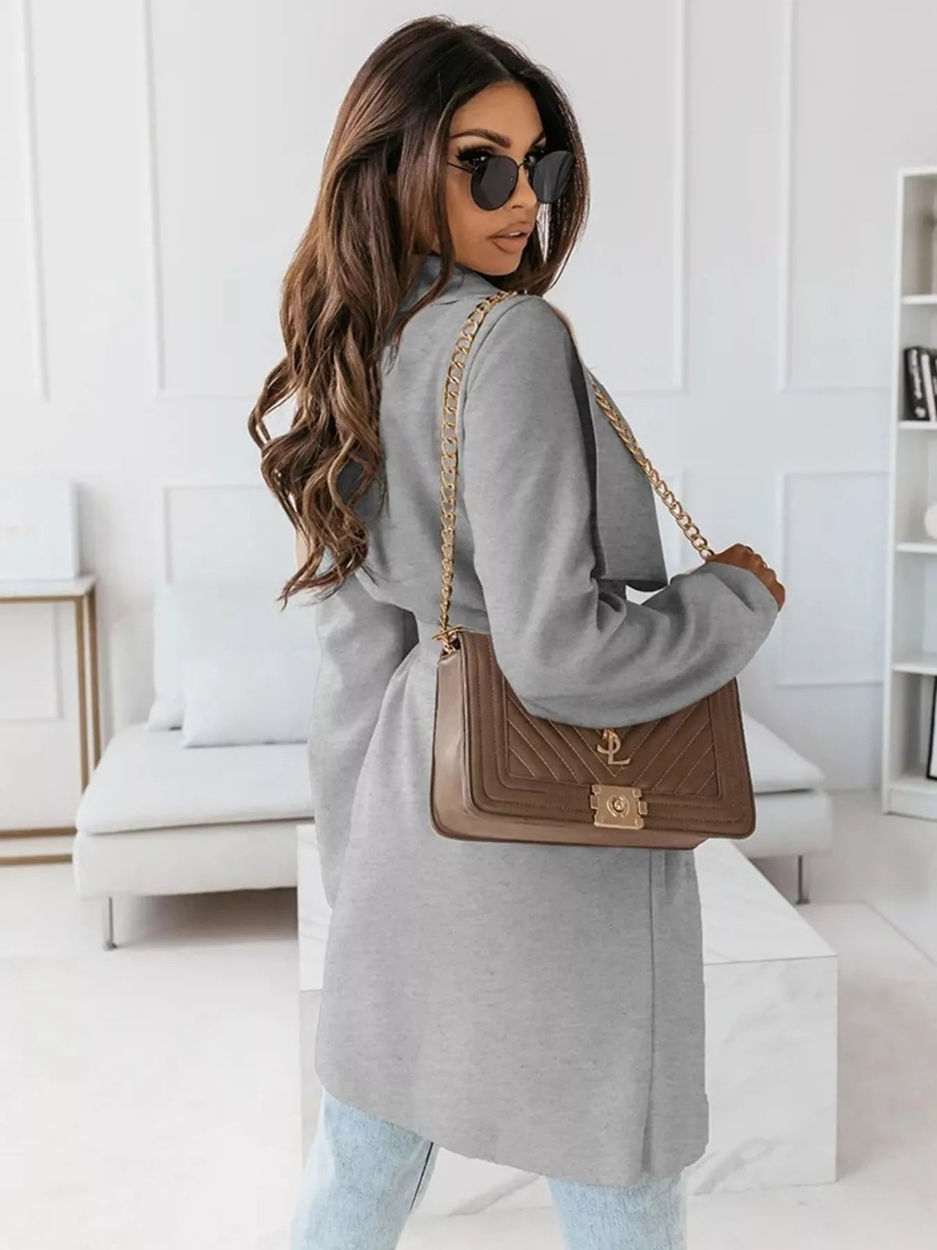 Tie Waist Long Sleeve Outerwear - Flip Flop Dynasty