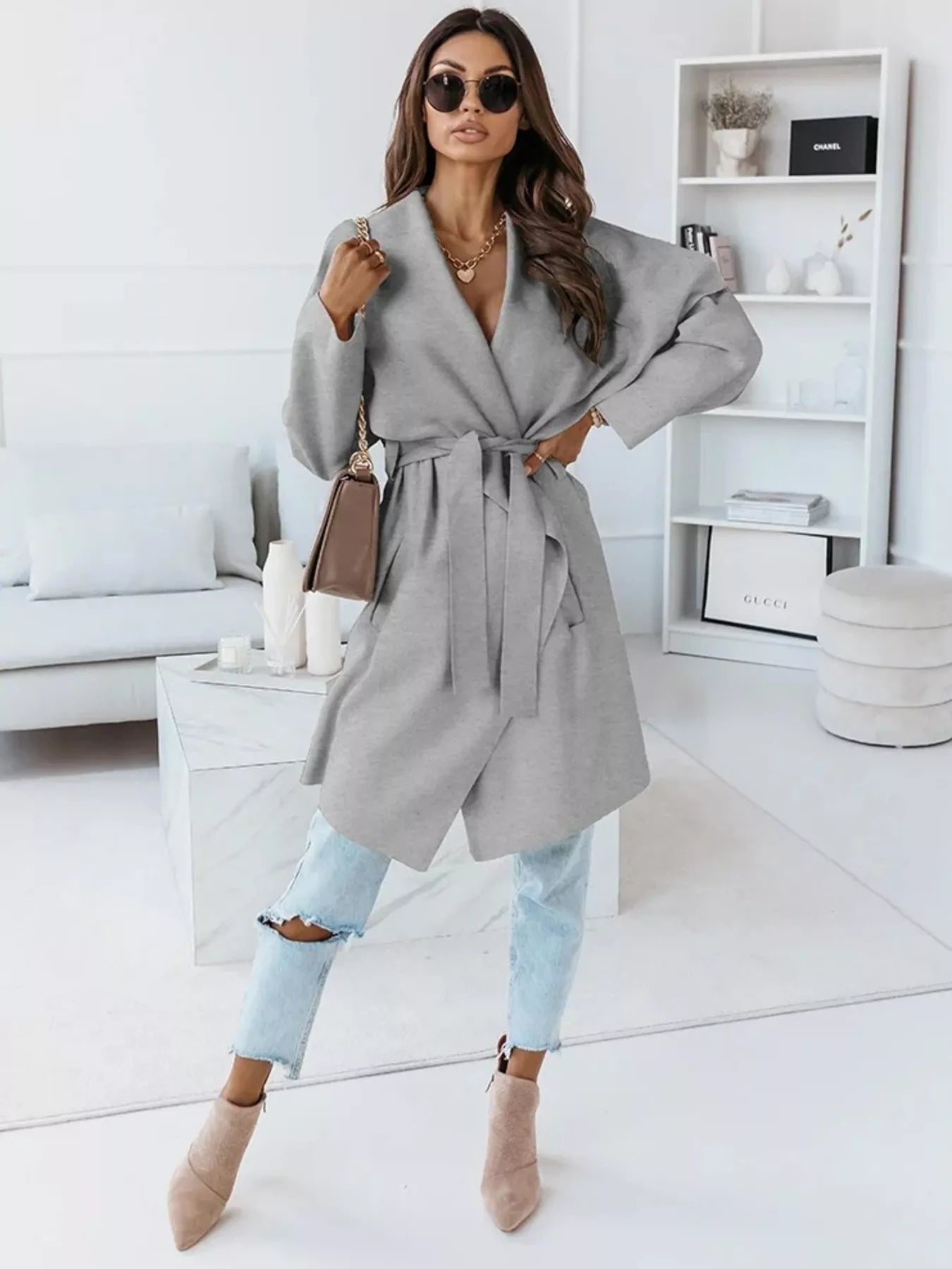 Tie Waist Long Sleeve Outerwear - Flip Flop Dynasty