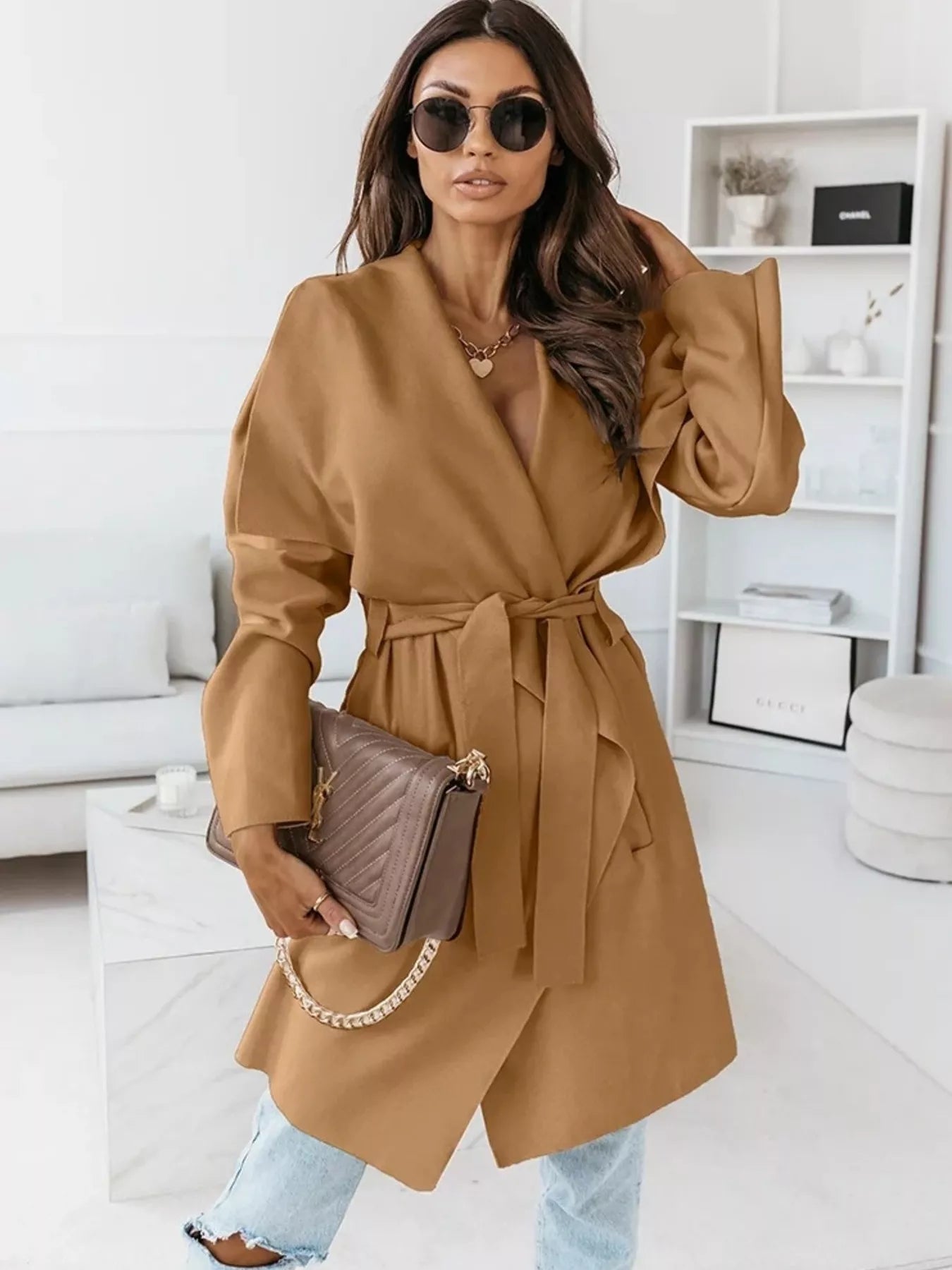 Tie Waist Long Sleeve Outerwear - Flip Flop Dynasty