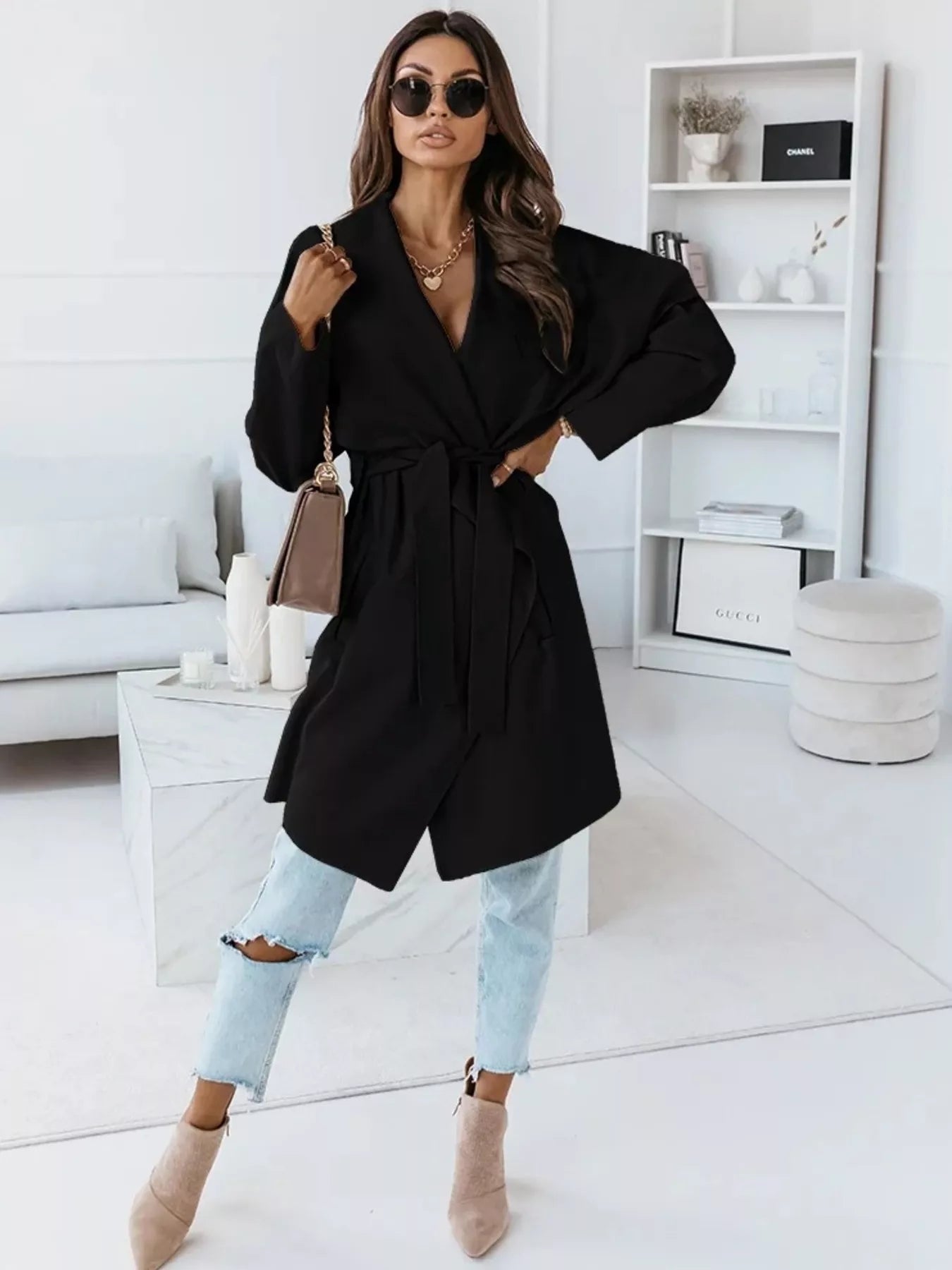 Tie Waist Long Sleeve Outerwear - Flip Flop Dynasty