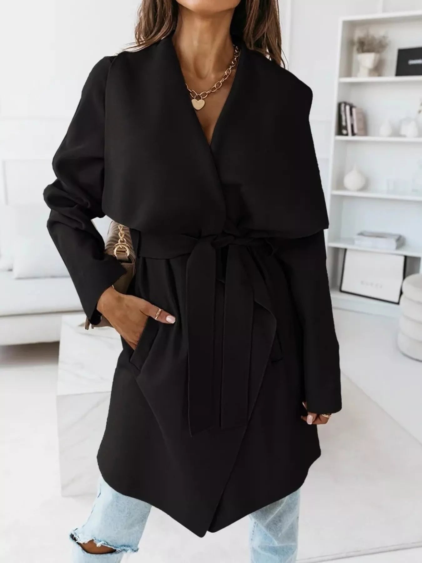Tie Waist Long Sleeve Outerwear - Flip Flop Dynasty