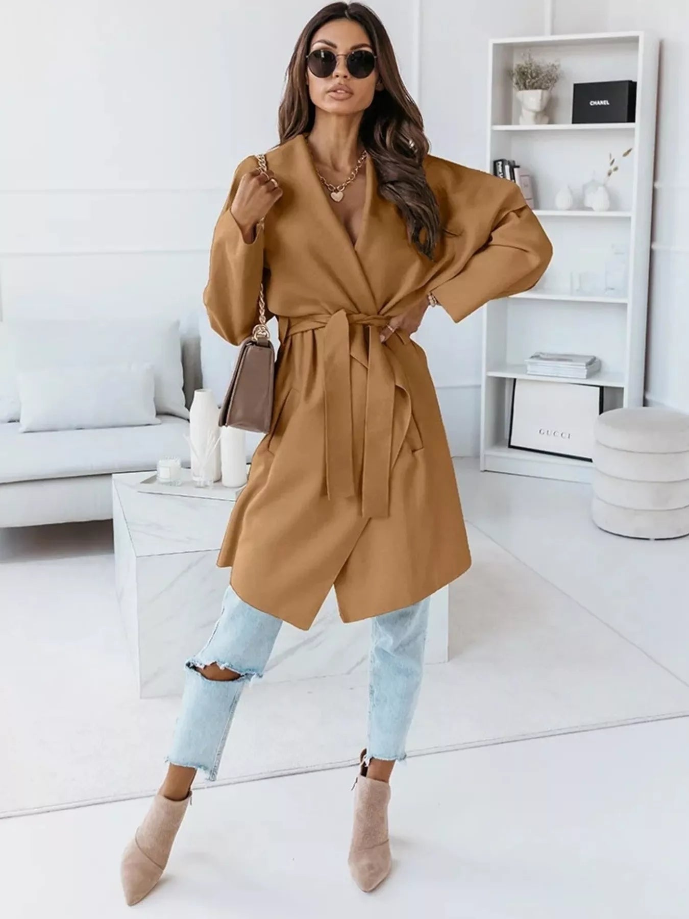 Tie Waist Long Sleeve Outerwear - Flip Flop Dynasty