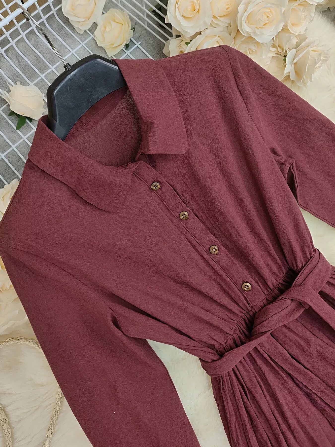 Tie Waist Long Sleeve Ruffled Hem Dress - Flip Flop Dynasty