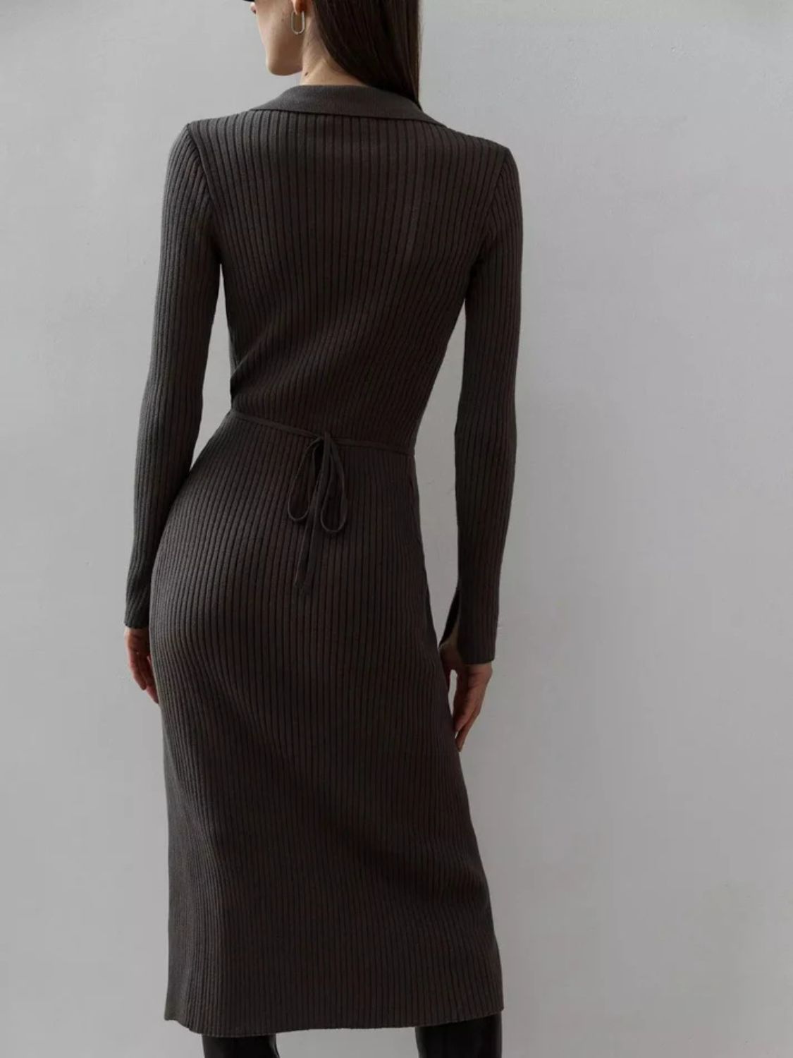 Tied Collared Neck Long Sleeve Sweater Dress - Flip Flop Dynasty